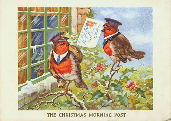 English Postcard by Tuck and Sons Coloured postcard of two robins delivering the Christmas post